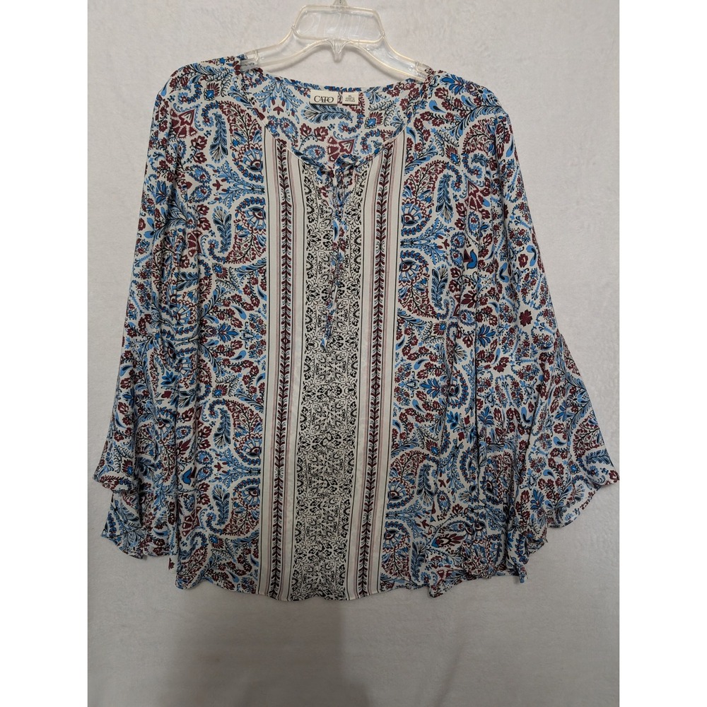 Cato Womens XL Paisley Floral Bell Sleeve Blouse Blue Burgundy Tie Neck Top